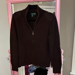 Lauren Ralph Lauren Dark Full Zip Brown Knit Sweater